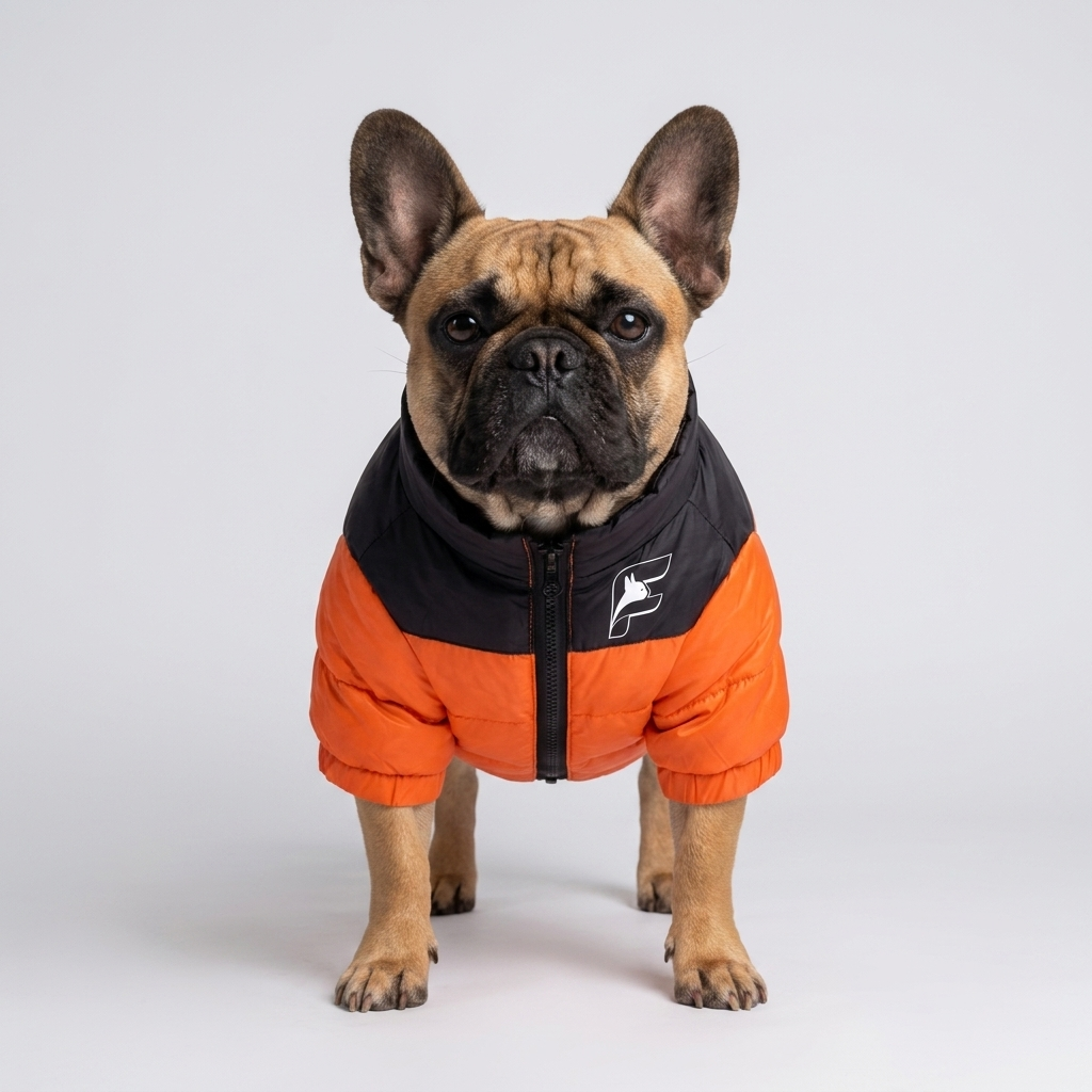 French Bulldog wearing the mandarin orange Highlander insulated jacket, front view