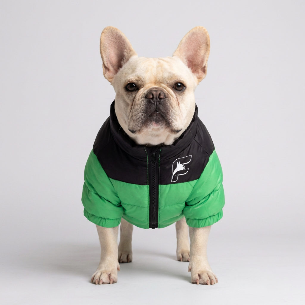 French Bulldog wearing the wasabi green Highlander insulated jacket, front view