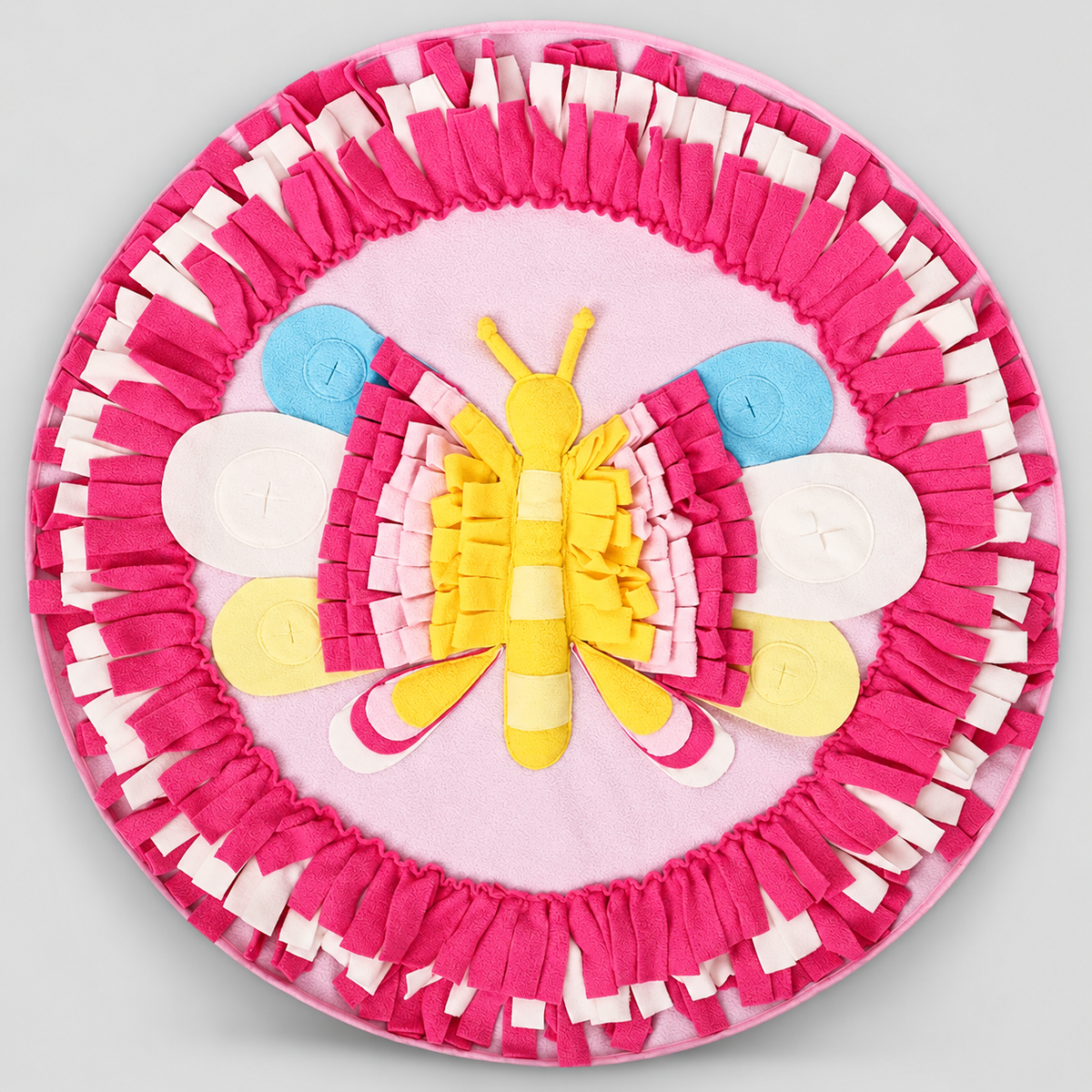 Insect-Themed Round French Bulldog Snuffle Mat — Pink Butterfly studio photo
