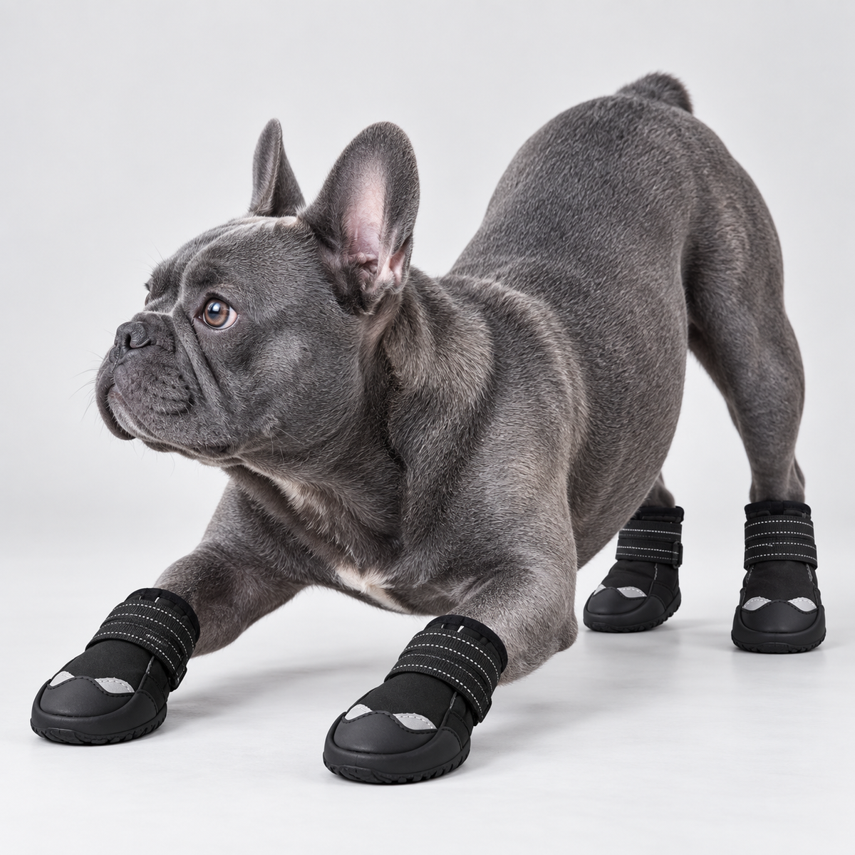 Blue French Bulldog in a playful crouch wearing black IronPaw heavy-duty boots