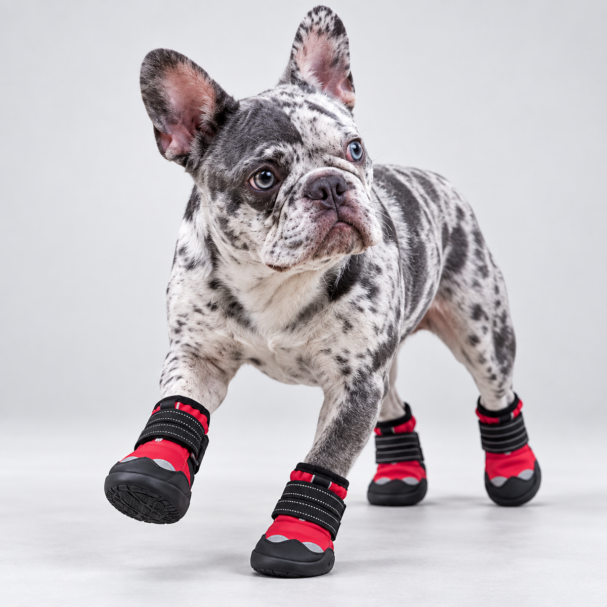 Merle French Bulldog trotting in red IronPaw heavy-duty boots