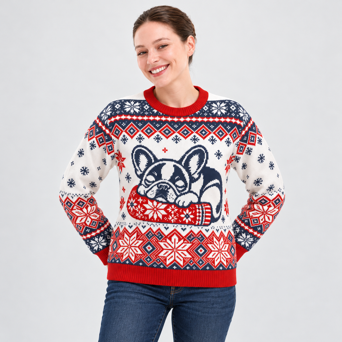 Model wearing the Cozy Nap Frenchie Christmas Knit Sweater