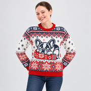 Model wearing the Cozy Nap Frenchie Christmas Knit Sweater