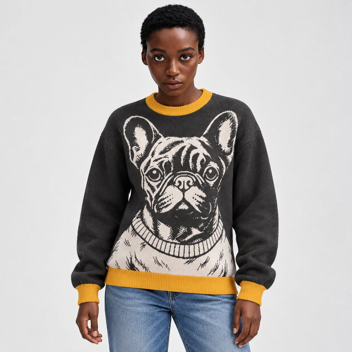 Model wearing the Charcoal & Mustard French Bulldog Portrait Sweater