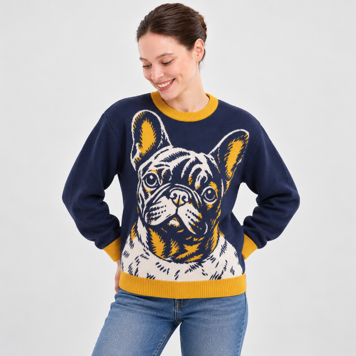 Model wearing the Navy & Gold French Bulldog Portrait Sweater