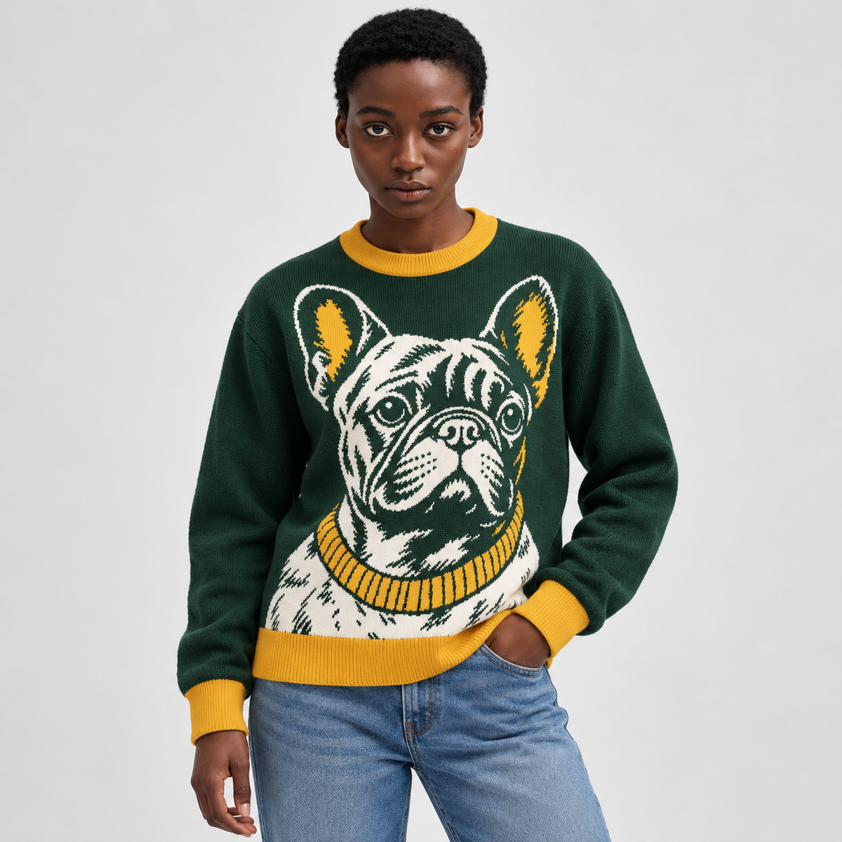 Model wearing the Forest Green French Bulldog Portrait Sweater