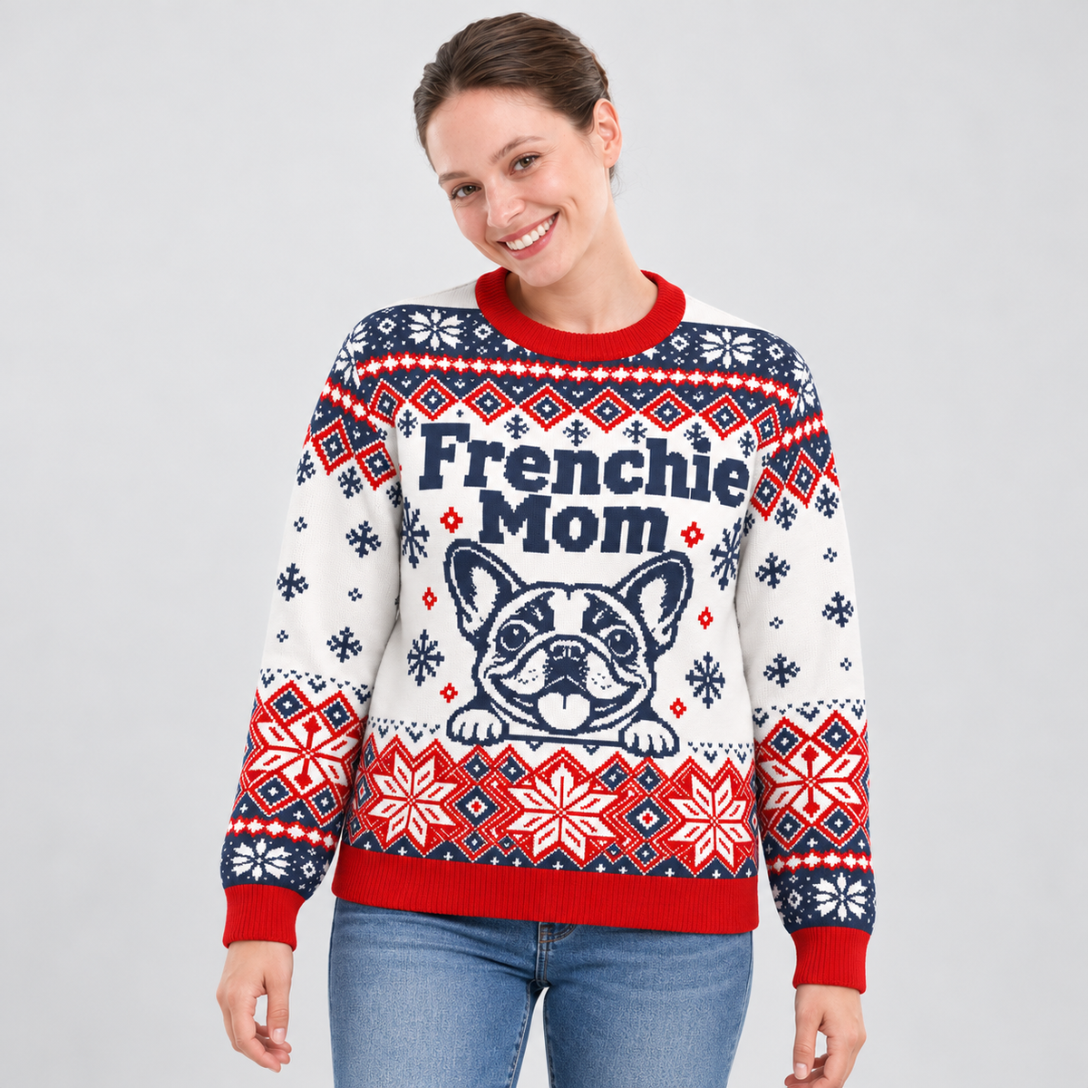Model wearing the Frenchie Mom Christmas Knit Sweater