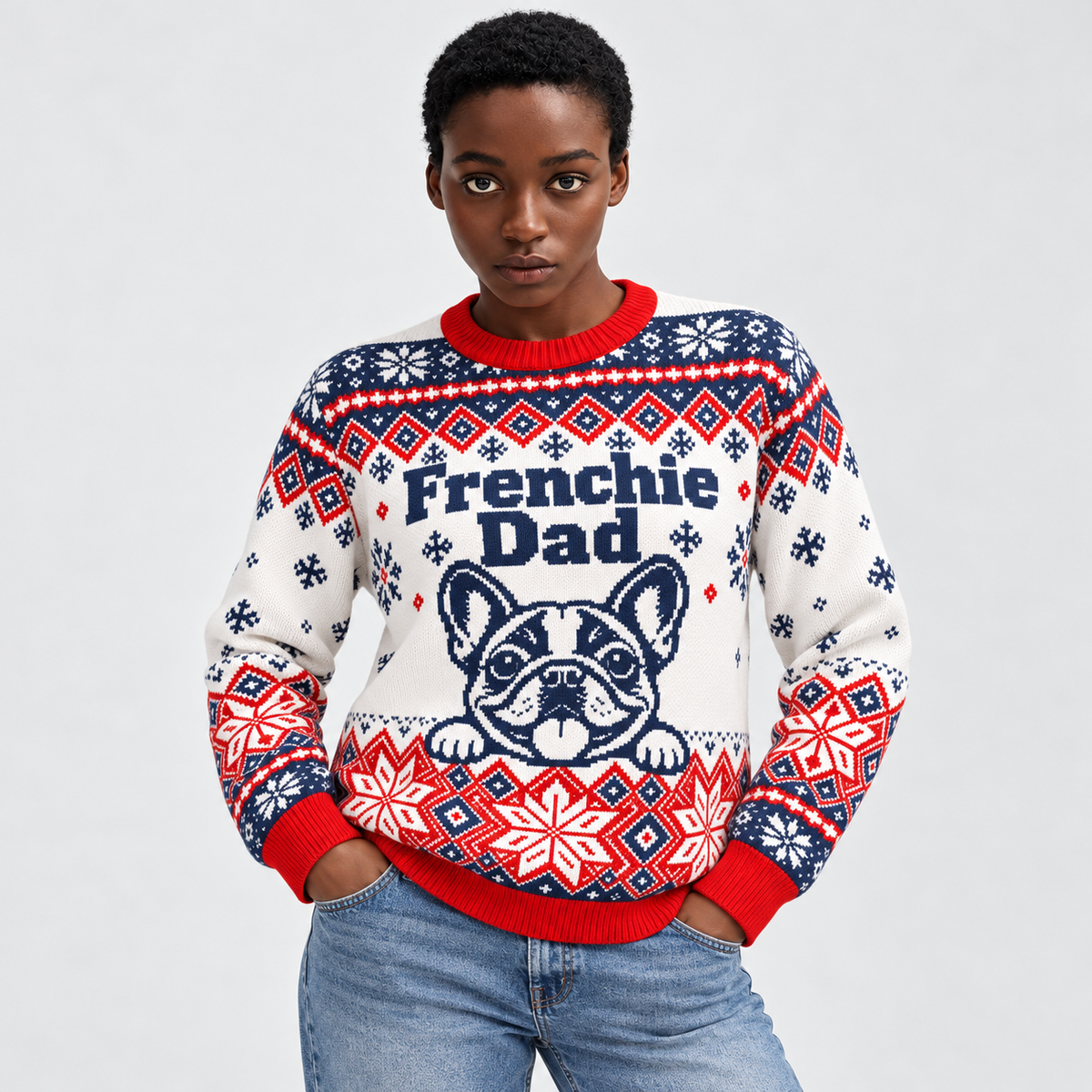 Model wearing the Frenchie Dad Christmas Knit Sweater