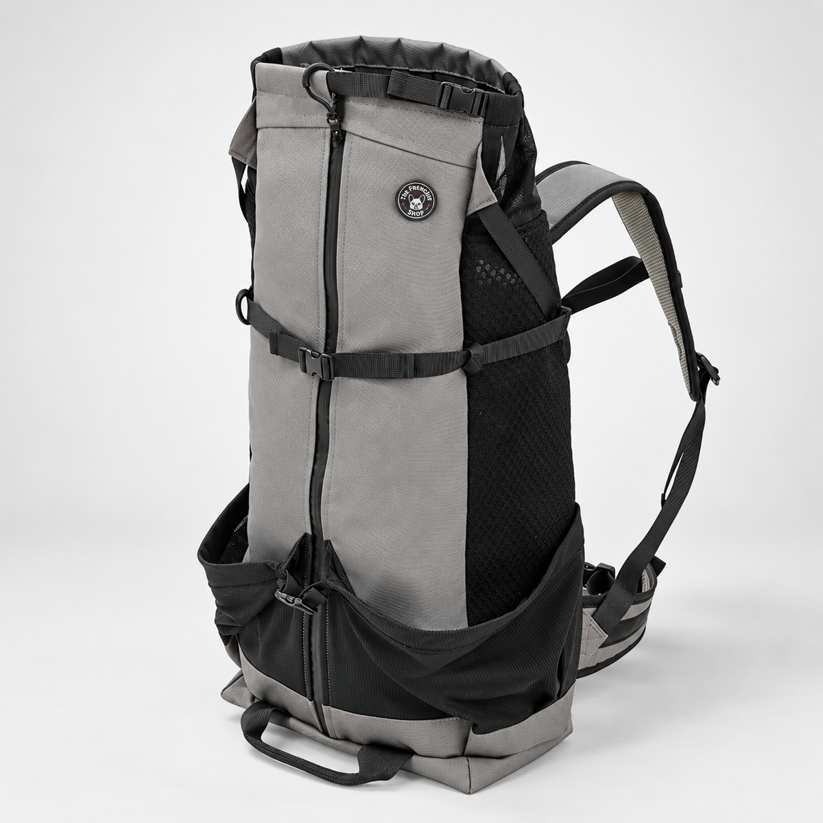 Large French Bulldog Tactical Backpack Carrier — Grey studio photo