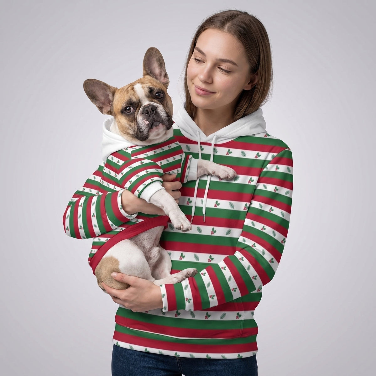 Holiday Holly Stripe Matching Owner Hoodie — Frenchie matching look