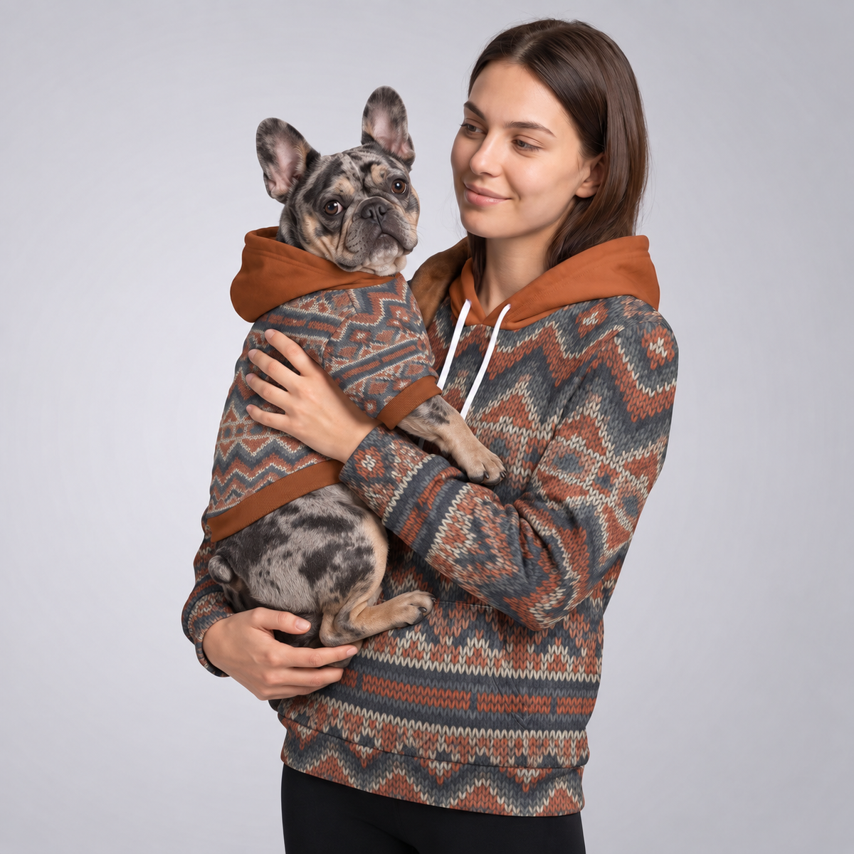 Rustic Nordic Knit matching human and French Bulldog hoodies
