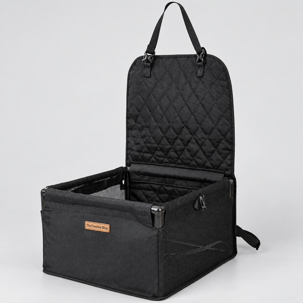 Mesh French Bulldog Car Travel Basket — Black studio photo