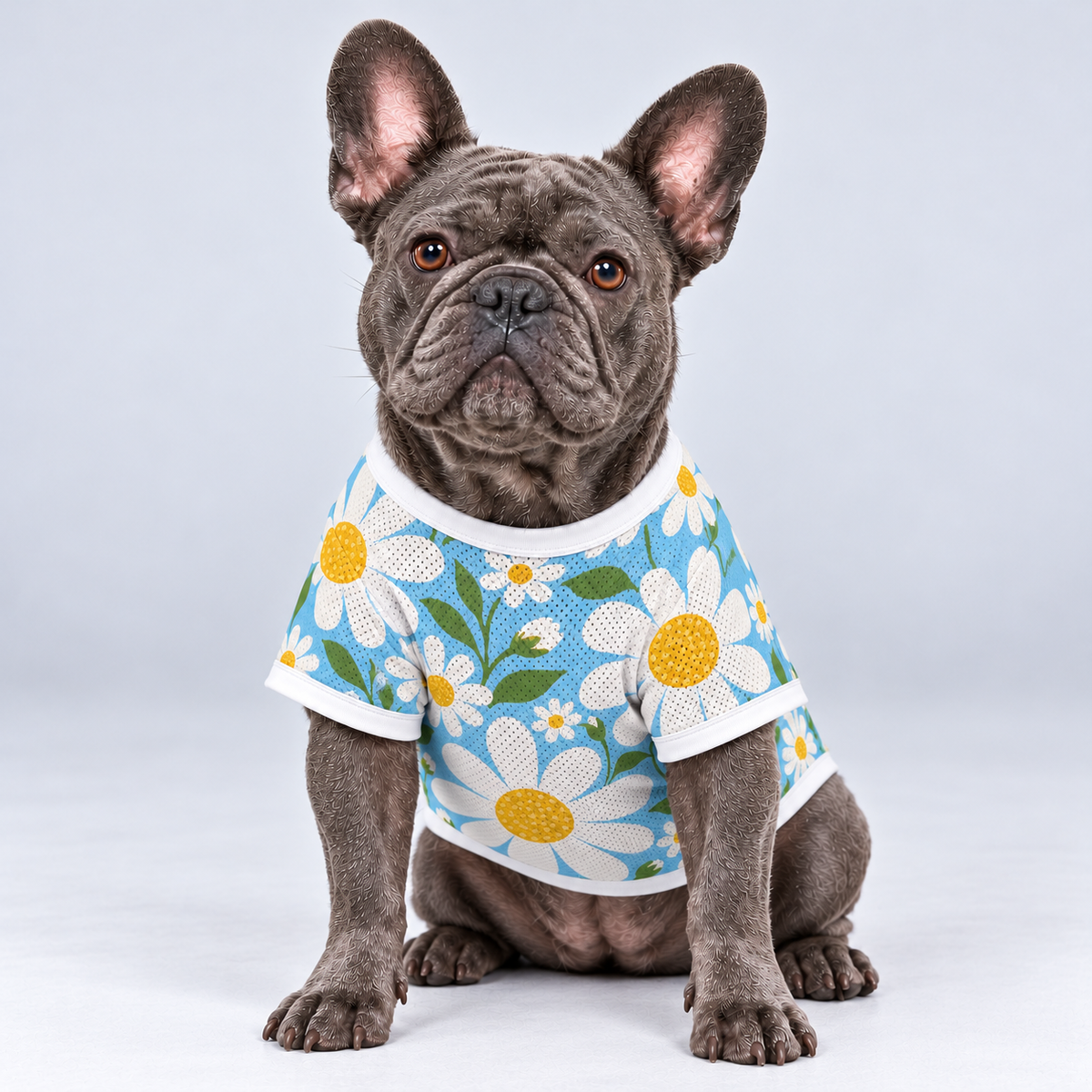Daisy Breeze mesh dog shirt, front view on our Frenchie model