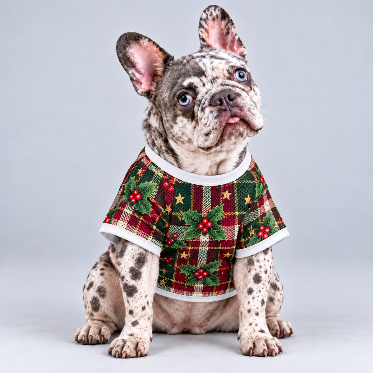 Holiday Tartan mesh dog shirt, front view on our Frenchie model