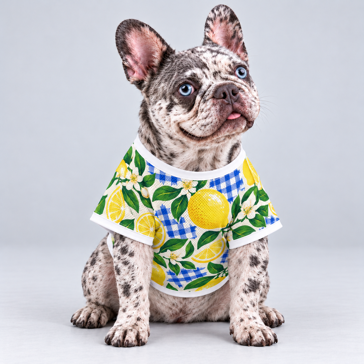 Citrus Picnic mesh dog shirt, front view on our Frenchie model