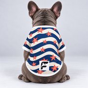 Coastal Stripes mesh dog shirt, back view on our Frenchie model with signature white-square logo