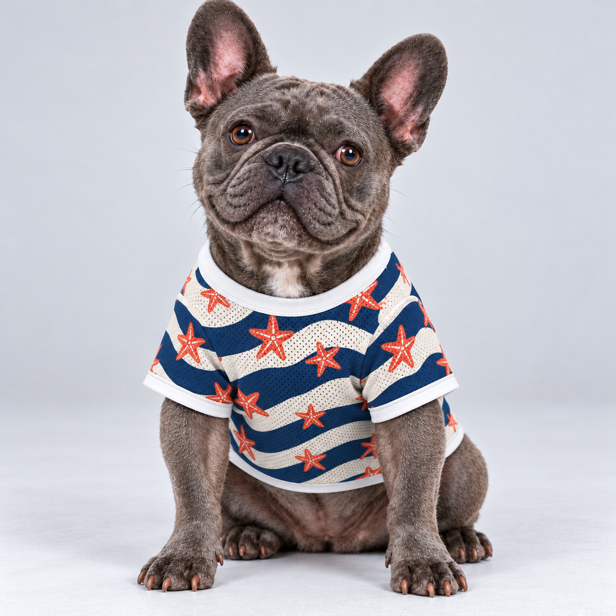 Coastal Stripes mesh dog shirt, front view on our Frenchie model