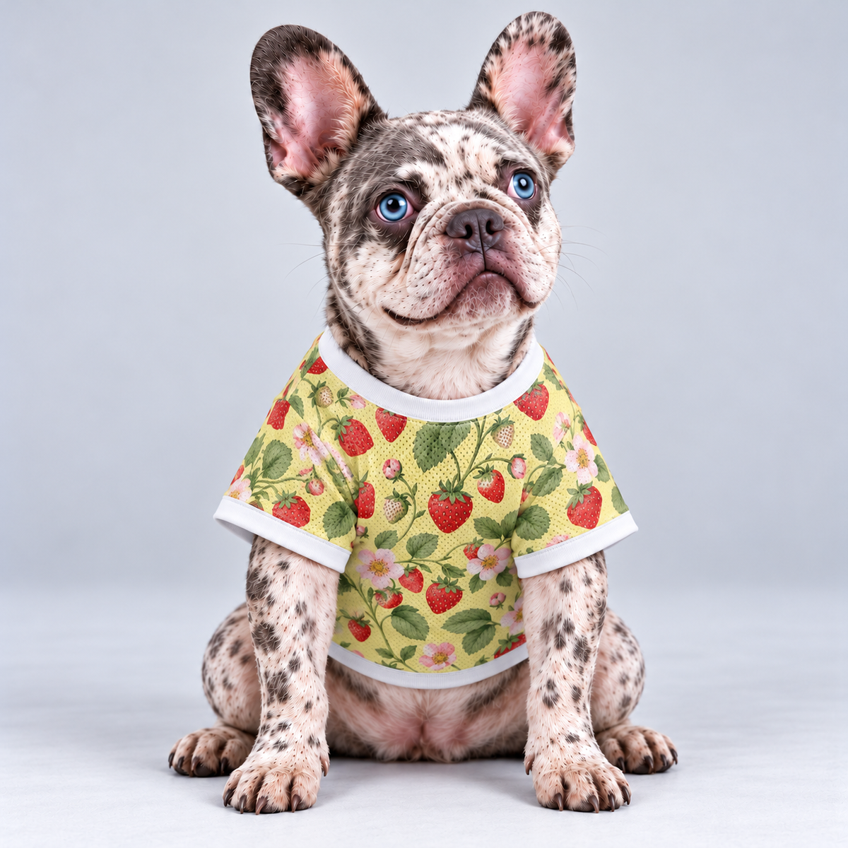 Strawberry Patch mesh dog shirt, front view on our Frenchie model