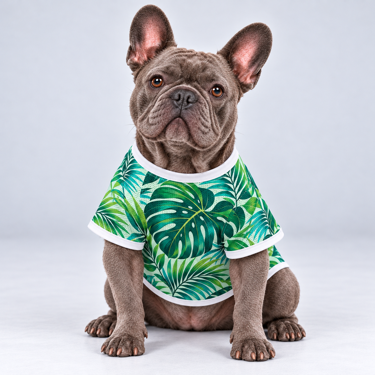 Tropical Palms mesh dog shirt, front view on our Frenchie model