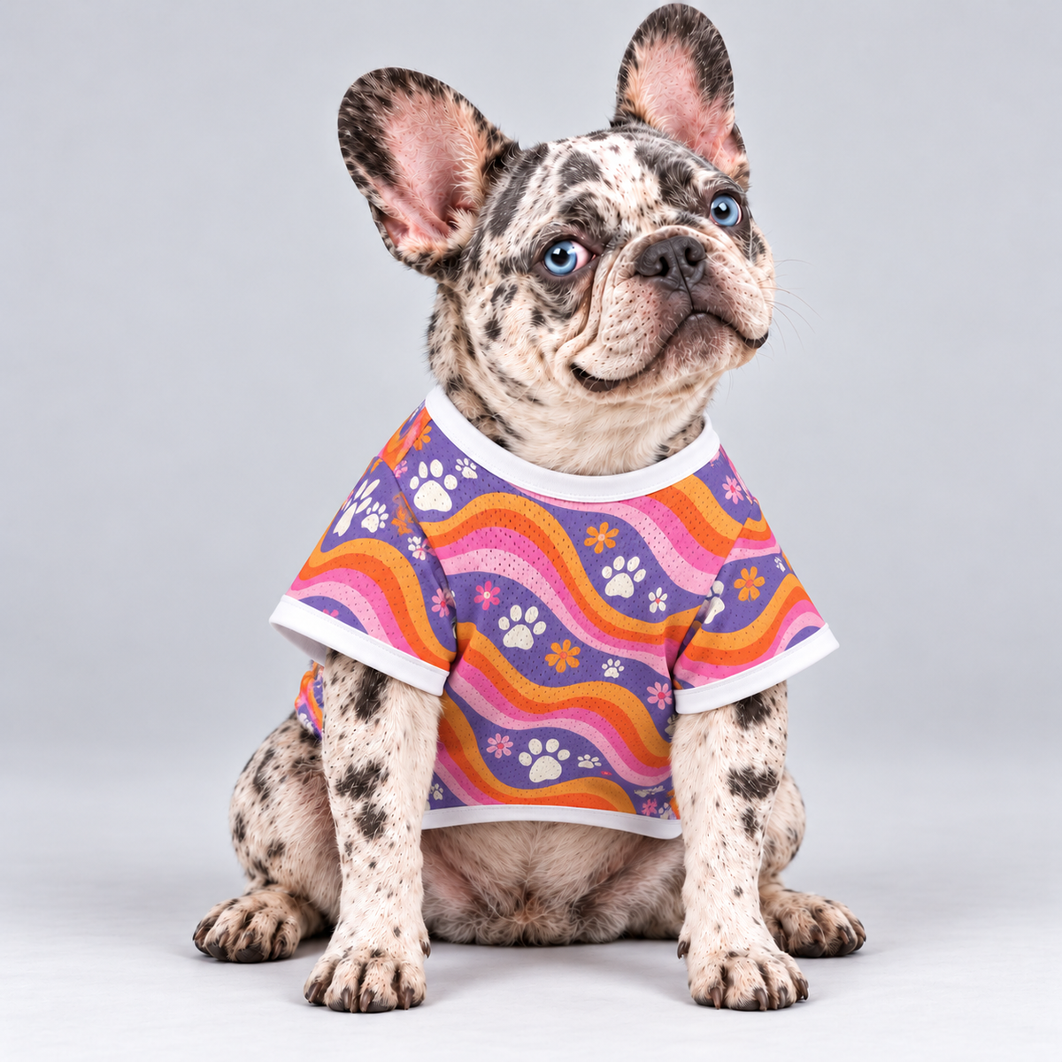 Groovy Paws mesh dog shirt, front view on our Frenchie model