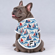 Little Sailboats mesh dog shirt, back view on our Frenchie model with signature white-square logo