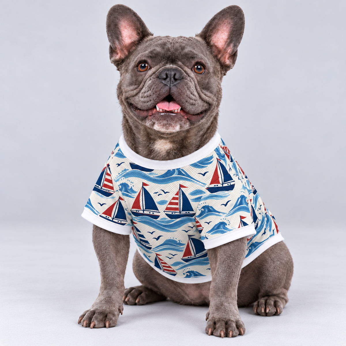 Little Sailboats mesh dog shirt, front view on our Frenchie model