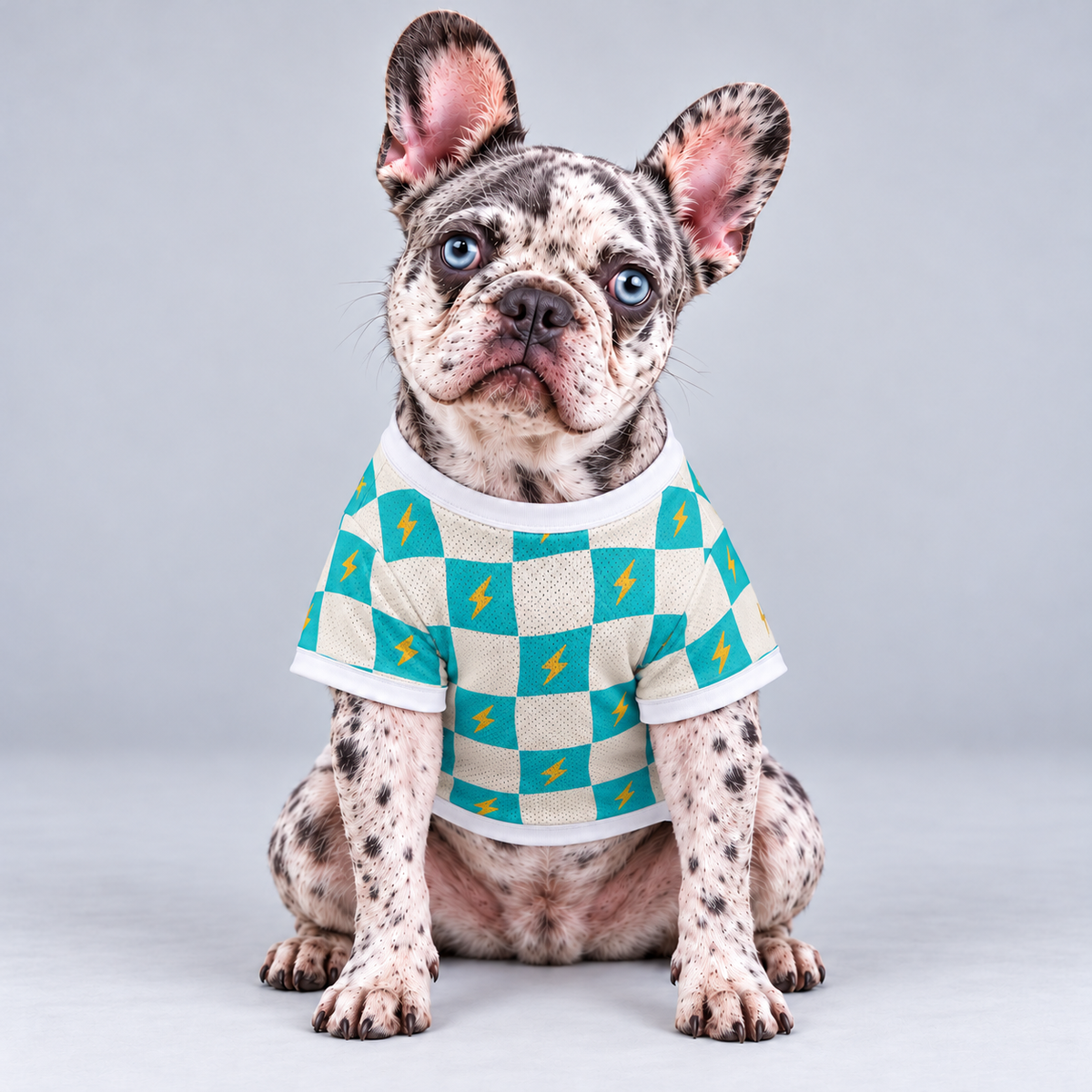 Checker Pop mesh dog shirt, front view on our Frenchie model