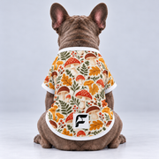 Woodland Mushrooms mesh dog shirt, back view on our Frenchie model with signature white-square logo