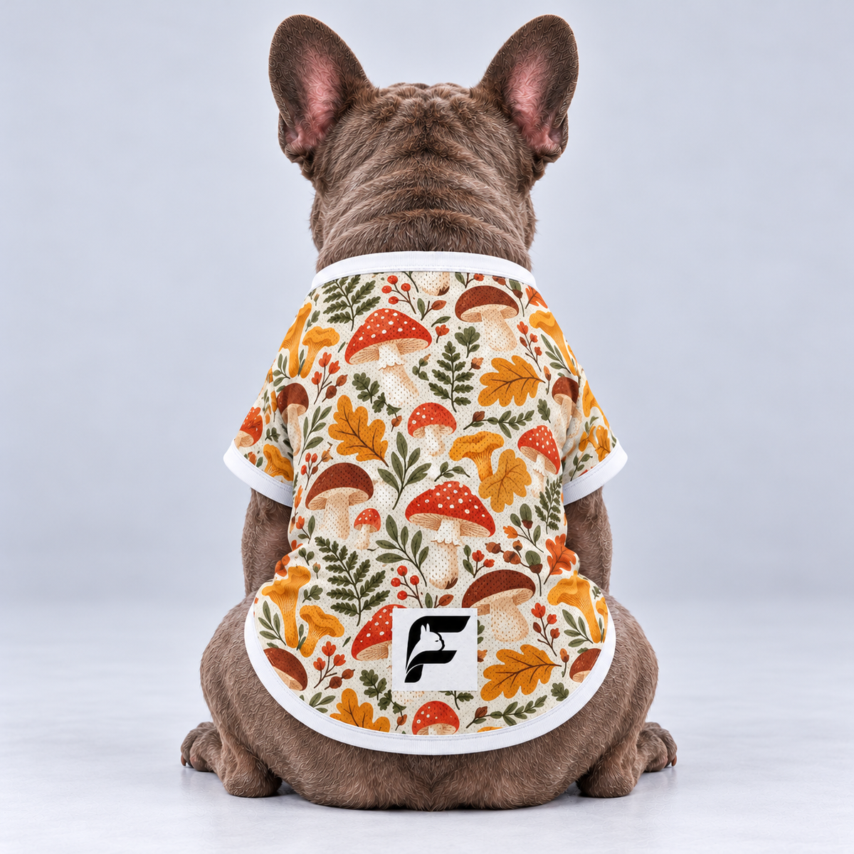 Woodland Mushrooms mesh dog shirt, back view on our Frenchie model with signature white-square logo