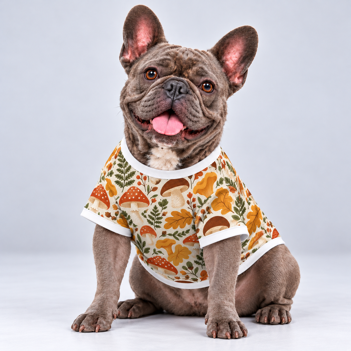Woodland Mushrooms mesh dog shirt, front view on our Frenchie model