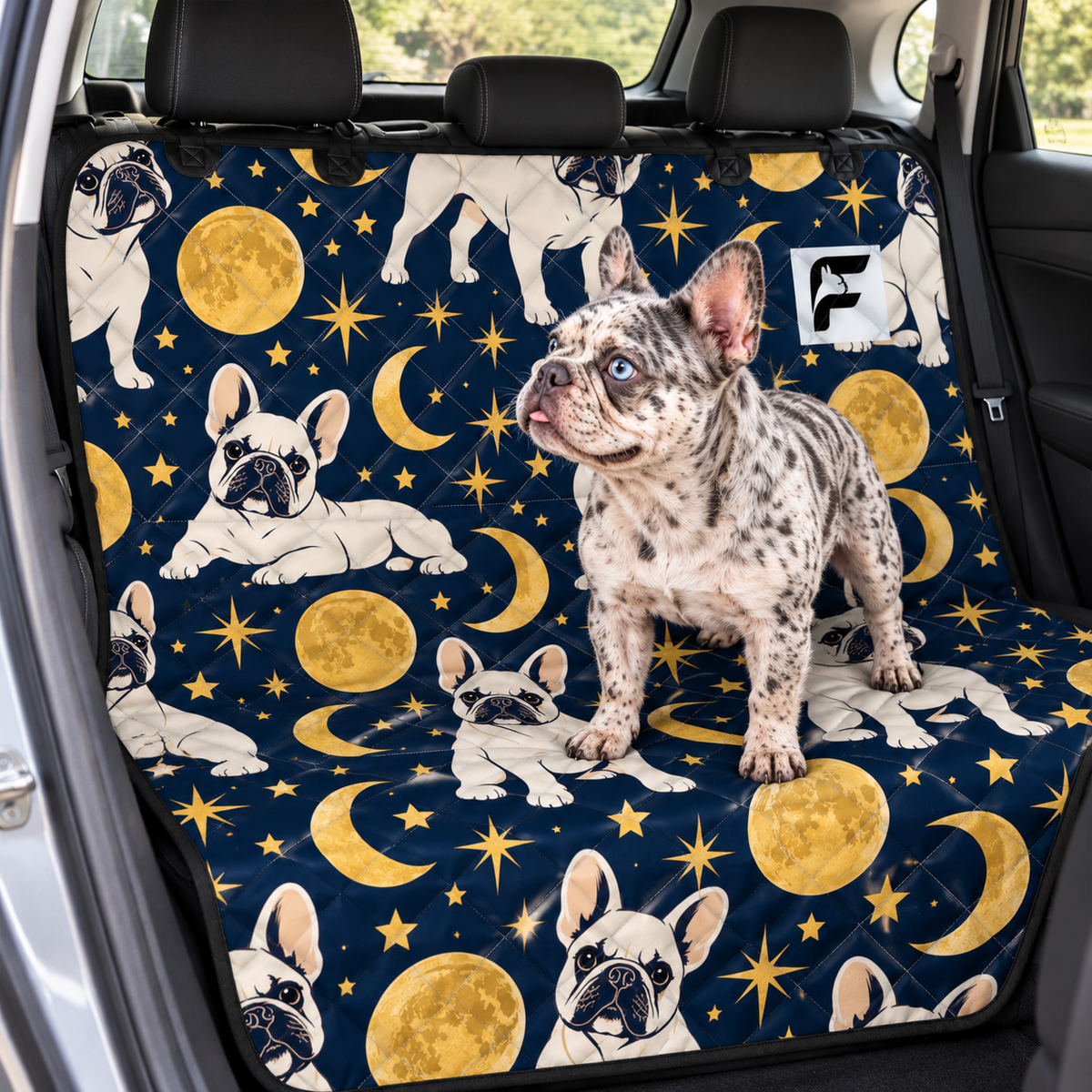 Midnight Frenchie Stars Frenchie-pattern car seat protector installed across rear bench with French Bulldog