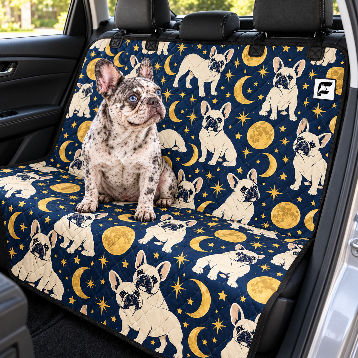 Midnight Frenchie Stars patterned dog car seat cover with French Bulldog model on a rear bench