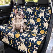 Midnight Frenchie Stars patterned dog car seat cover with French Bulldog model on a rear bench