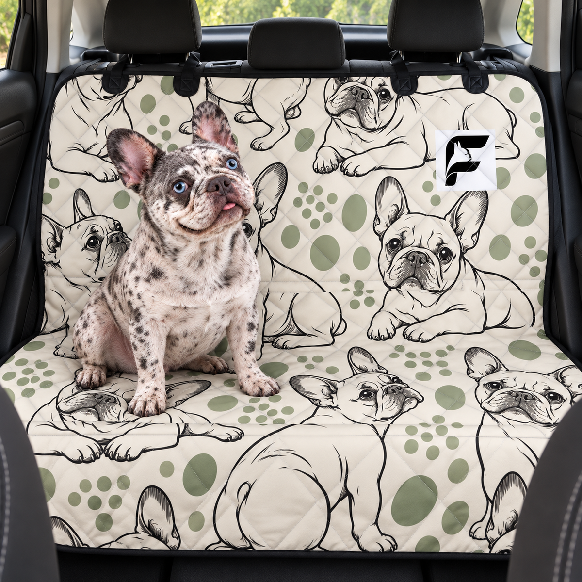 Minimal Frenchie Sketches Frenchie-pattern car seat protector installed across rear bench with French Bulldog