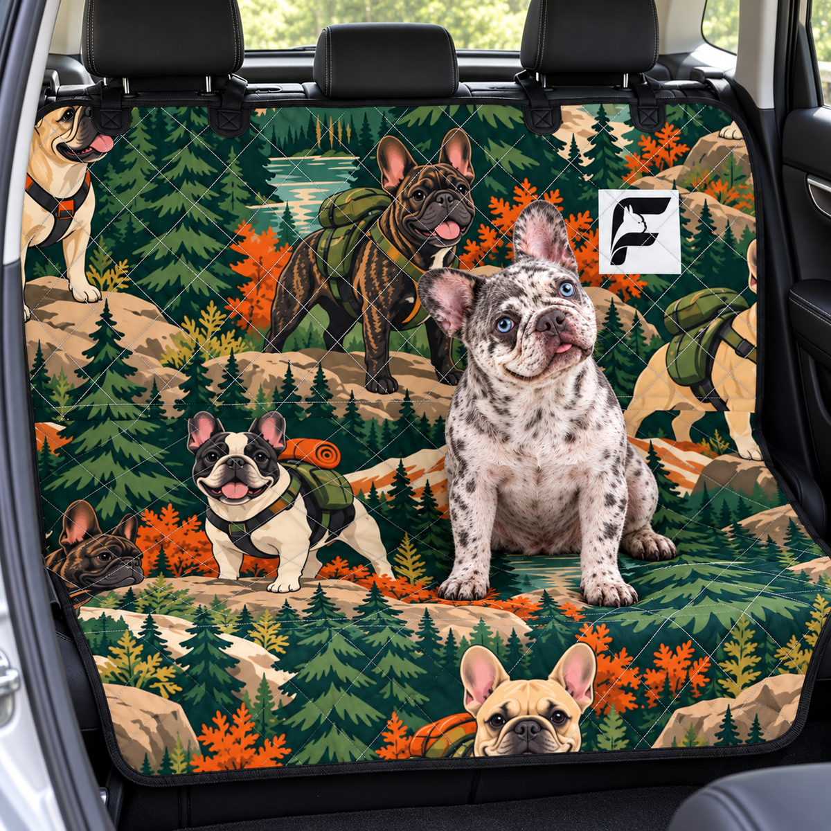 Mountain Frenchie Trails Frenchie-pattern car seat protector installed across rear bench with French Bulldog