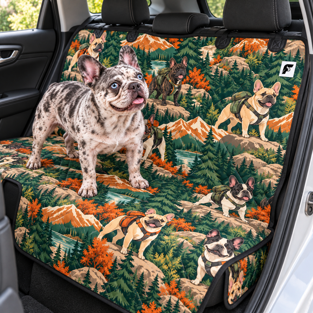 Mountain Frenchie Trails patterned dog car seat cover with French Bulldog model on a rear bench