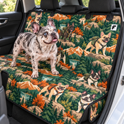 Mountain Frenchie Trails patterned dog car seat cover with French Bulldog model on a rear bench
