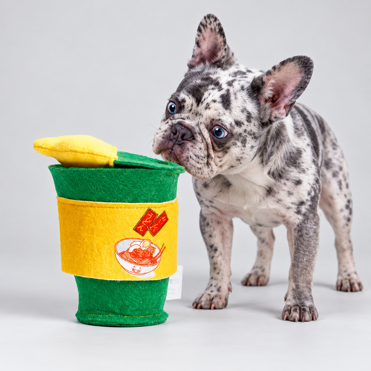 Noodle Cup French Bulldog Snuffle Toy — Green studio photo