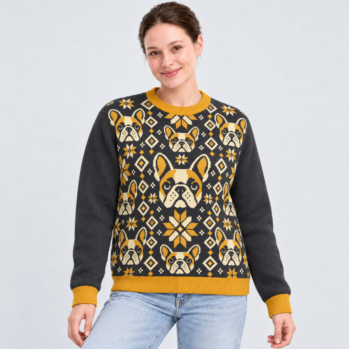 Model wearing charcoal and gold Nordic Frenchie knit sweater