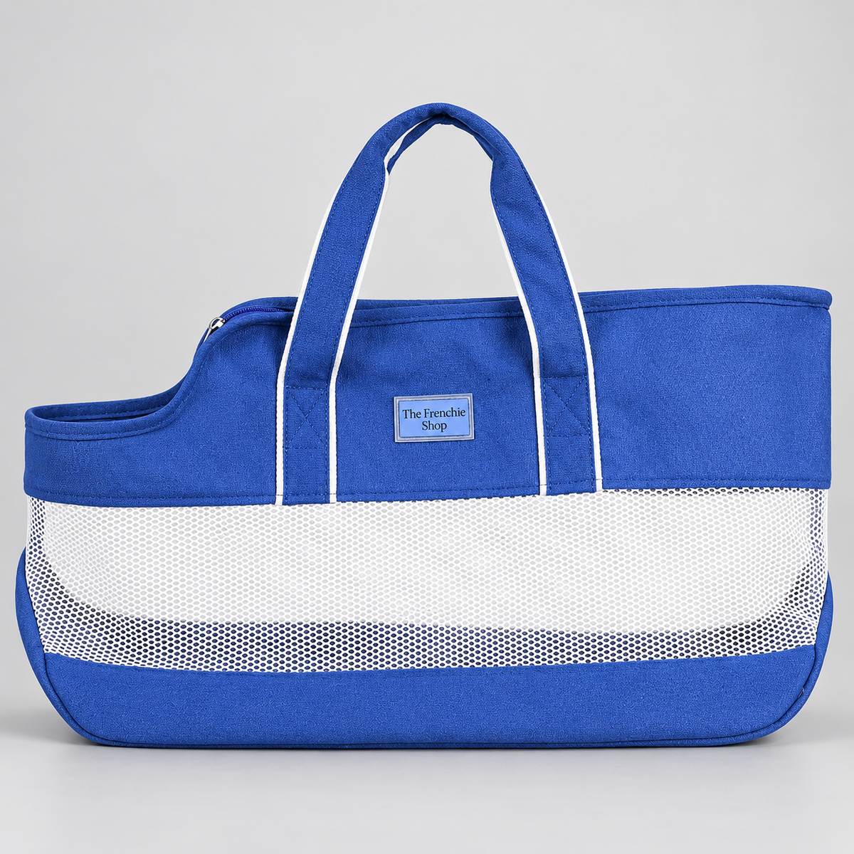 Open-Top French Bulldog Travel Carrier — Blue studio photo