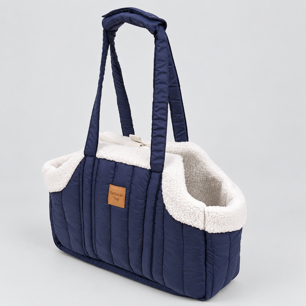 Open-Top Winter French Bulldog Carrier Bag — Navy studio photo