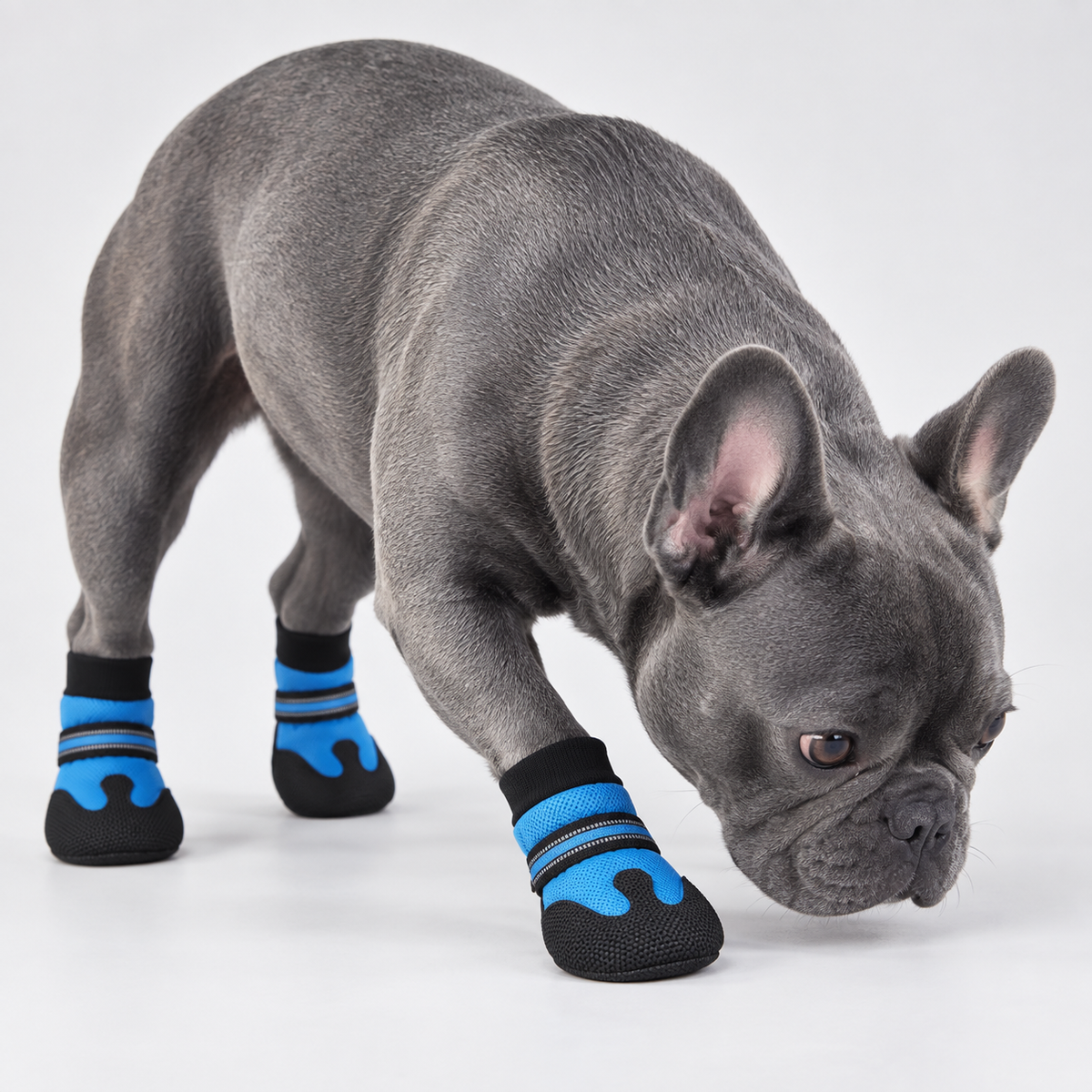 Blue French Bulldog sniffing while wearing blue breathable mesh PawLuxe booties