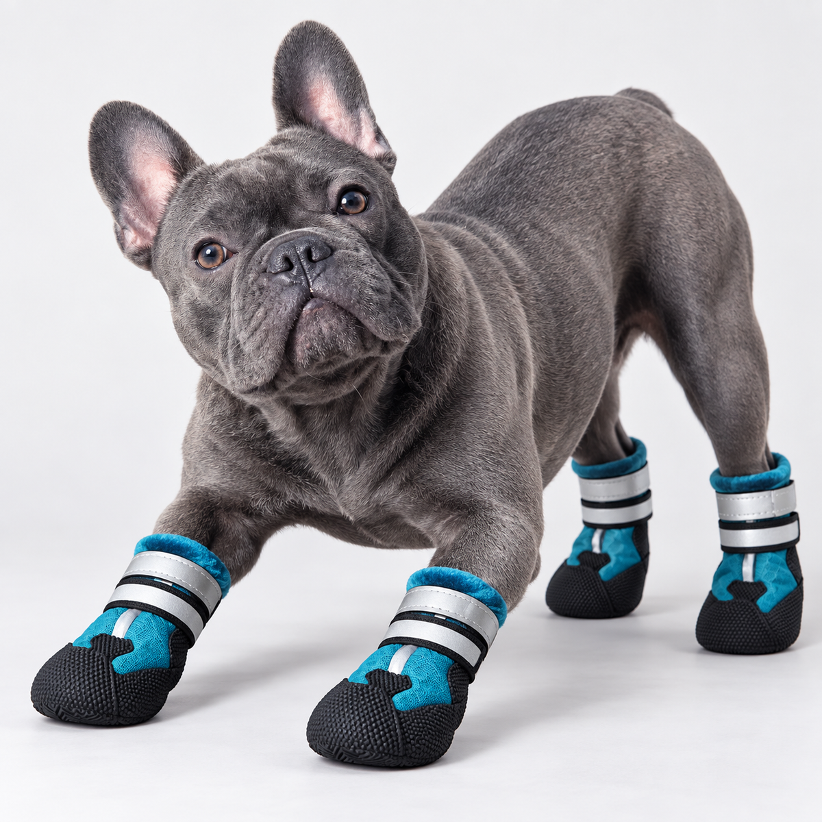 Blue French Bulldog in a play bow wearing blue velvet PawLuxe booties
