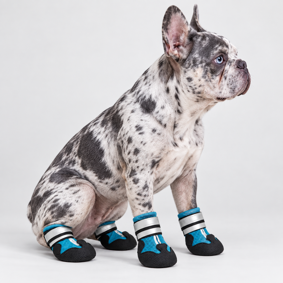 Merle French Bulldog wearing blue waterproof PawLuxe booties in right-facing side profile