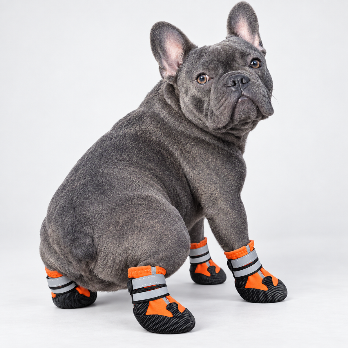 Blue French Bulldog seated in orange waterproof PawLuxe booties