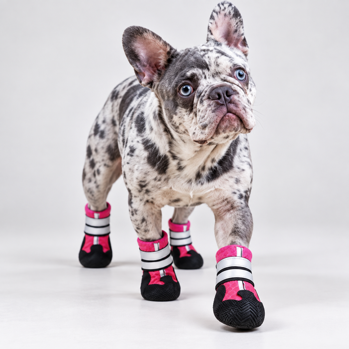 Merle French Bulldog walking in pink velvet PawLuxe booties