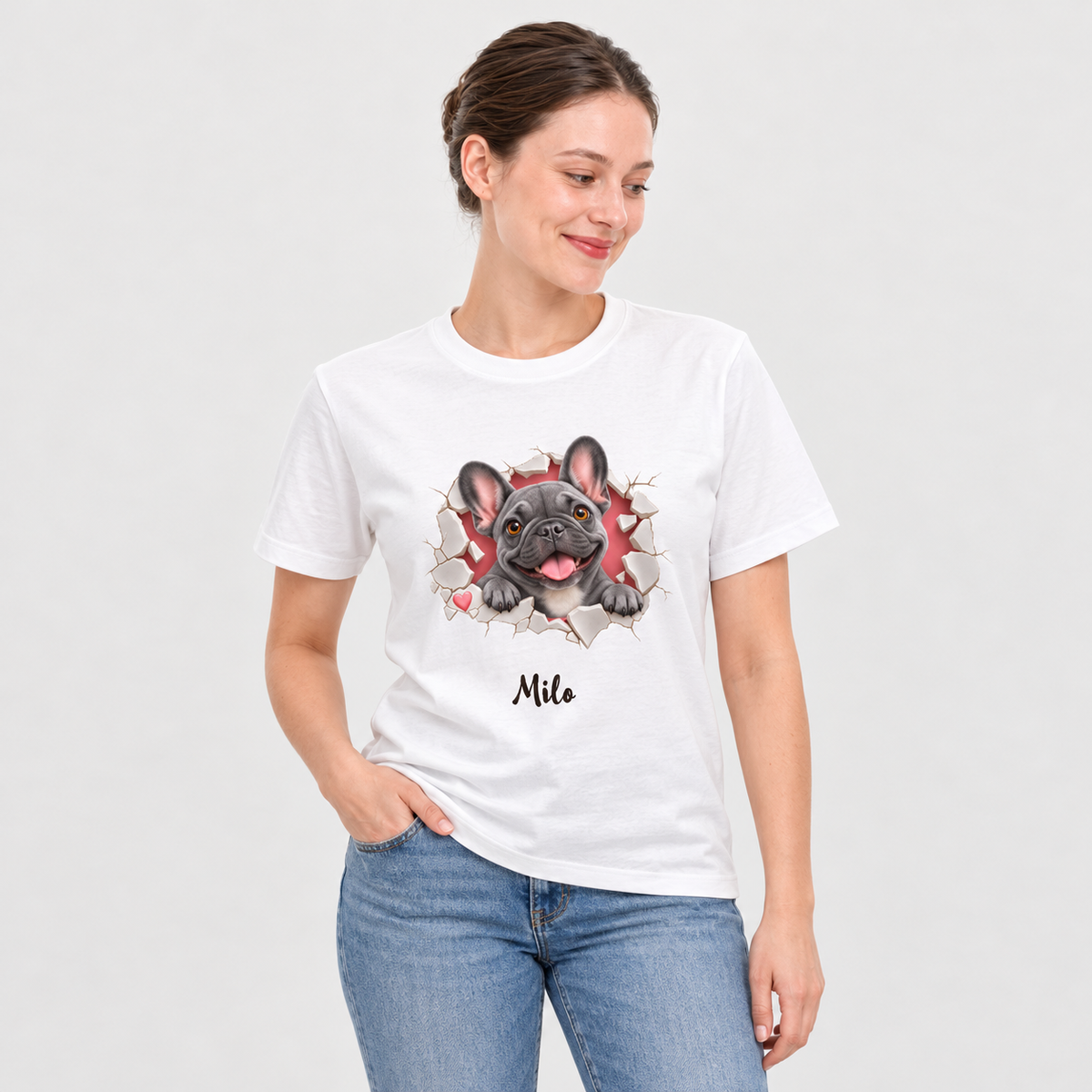 Approved model wearing the personalized blue Frenchie white T-shirt on a light gray studio background