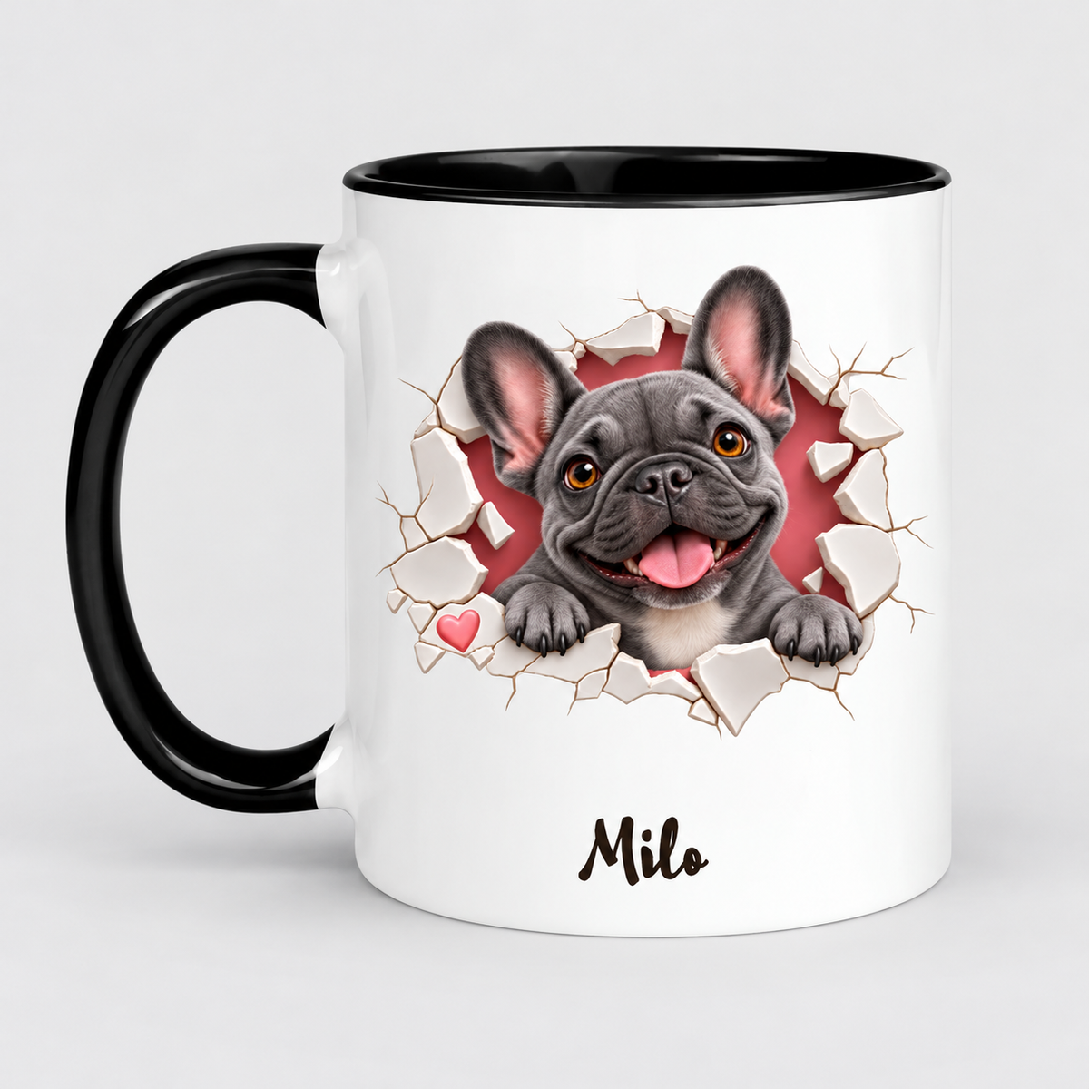 blue Frenchie personalized mug on the store's light gray studio background