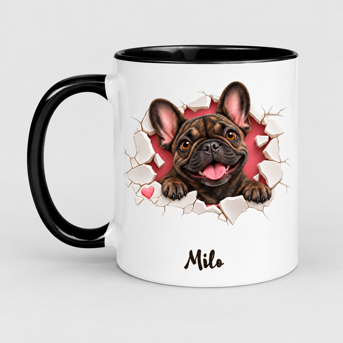 brindle Frenchie personalized mug on the store's light gray studio background