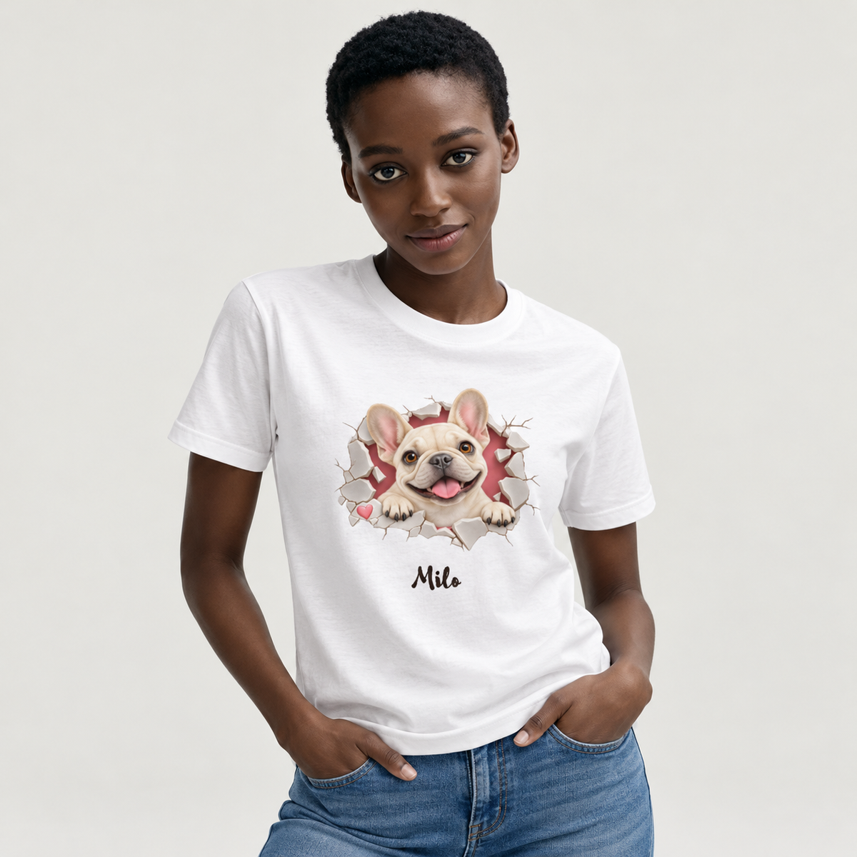 Approved model wearing the personalized cream Frenchie white T-shirt on a light gray studio background